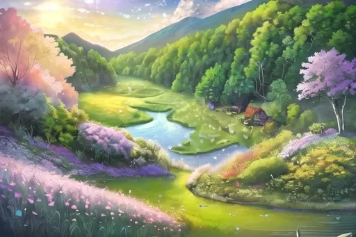 Prompt: A sunset with clouds and relaxing background. The lighting and shading is asthetic and relaxing. A tall mountain on the right with a little bit of snow; there are bunnies on it, cold looking flowers and grass, tall spruce trees with a little bit of snow on top of them. On the left there is a medium height hill; it has green grass, flowers, oak and birch trees, bees, a small cave entrance with cool light coming out from it. In the middle there is a valley with flowers, grass, a little bit of oak trees and some horses. There is a little river flowing downhill from the right, it falls through a cascade to a small lake in the middle of the valley, with lilypads and water flowers on the lake. There are some birds flying far away, and some butterflies and fireflies flying far. a relaxing soothing feeling to the image. A lot of flowers everywere.