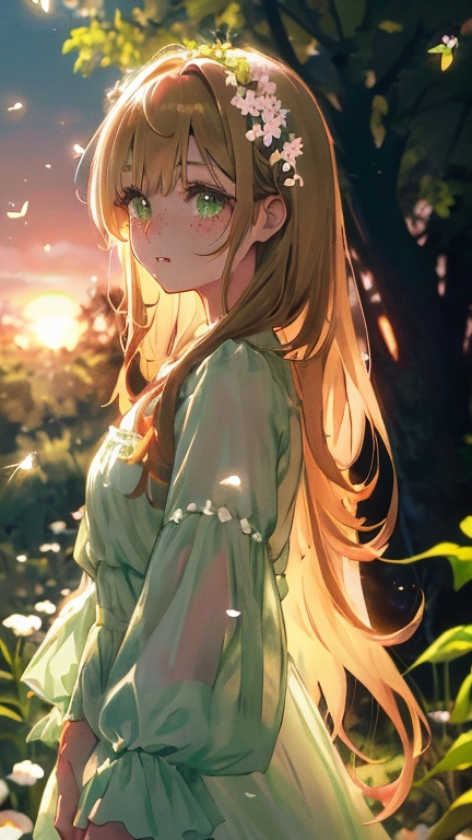 Prompt: Sunset in a forest as background. Far away in the right side there is a cute square face teenage girl with yellow-brown blonde hair, green eyes, a bit of freckles on her nose and dark pink lips with dimples. Her hair is a little bit messy without bangs and with small multicolour pastel flowers. Her skin is very light but with a pink tone. The dark shadows of the hair are a brown color. She is wearing a cute white green pastel dress with white flowers. The dress is beautiful and it has drop shoulders and long oversized flowy sleeves that are more transparent with flowers on them. The skirt of the dress is very long, flowy, white and cute. There are petals flying in the sky and fireflies.