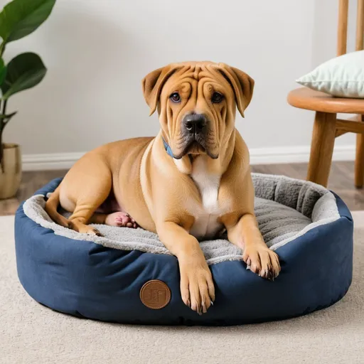 Prompt: A shar-pei dog mixed with a beagle dog, sitting on a dog bed