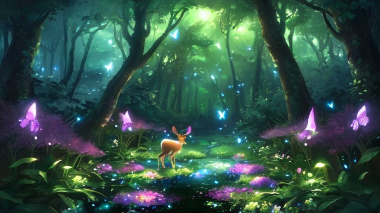 Prompt: A beautiful magical forest scenery, soothing light and shading, cute trees and flowers, water puddles, butterflies and fireflies flying, a cute mama deer with a baby deer in the middle, multicolour flowers in the grass of the forest