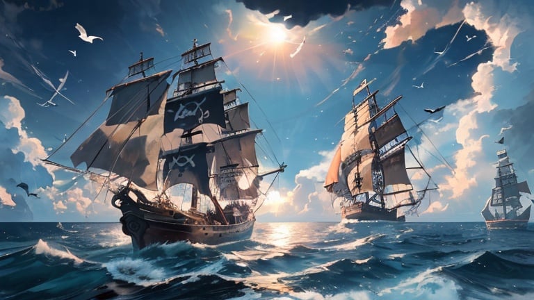 Prompt: A beautiful pirate boat scenery with clouds on the sky, day time, beautiful sun, birds flying, magical particles, cost far away, in the middle of the ocean.