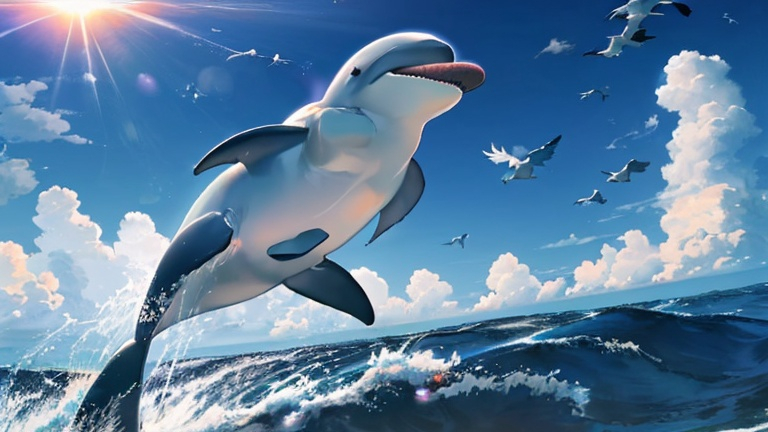 Prompt: A beautiful dolphin scenery with clouds on the sky, day time, beautiful sun, birds flying, magical particles, cost far away, in the middle of the ocean.