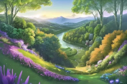 Prompt: A sunset with clouds and relaxing background. The lighting and shading is asthetic and relaxing. A tall mountain on the right with a little bit of snow; there are bunnies on it, cold looking flowers and grass, tall spruce trees with a little bit of snow on top of them. On the left there is a medium height hill; it has green grass, flowers, oak and birch trees, bees, a small cave entrance with cool light coming out from it. In the middle there is a valley with flowers, grass, a little bit of oak trees and some horses. There is a little river flowing downhill from the right, it falls through a cascade to a small lake in the middle of the valley, with lilypads and water flowers on the lake. There are some birds flying far away, and some butterflies and fireflies flying far. a relaxing soothing feeling to the image. A lot of flowers everywere.