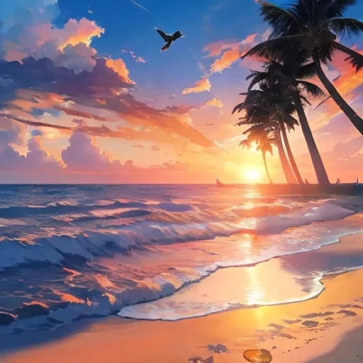 Prompt: A beautiful beach scenery with clouds on the sky, sunset, beautiful sun, birds flying, magical particles, cost far away, palm trees