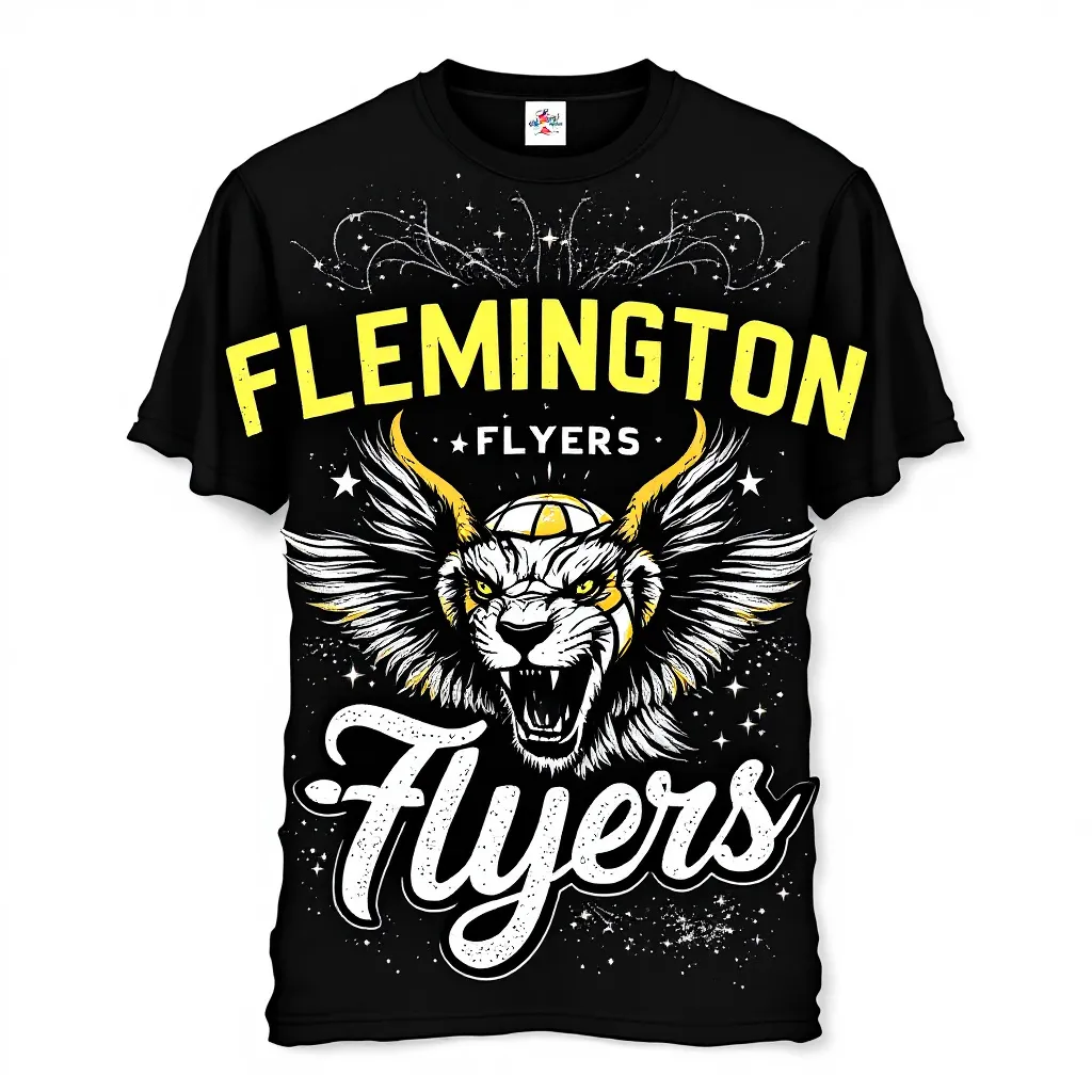 Prompt: I am part of a volleyball team whose name is 'Flemington Flyers'. I need help designing front of a tshirt for the team that has a 12*6 design with Flemington Flyers text and black background. Can you please create 5 samples for me so that I have a few options to chose from? Please ensure you spell the words Flemington and Flyers correctly.