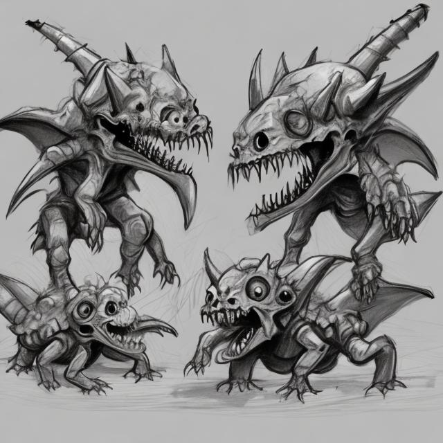 Prompt: simple sketch of cartoon baby Tyranids playing with a skull

