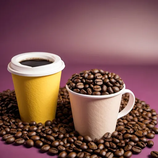 Prompt: ROASTED COFFEE BEANS WITH A COFFEE PAPER CUP IN THE BACKGROUND but make in psychedelic

remove the cup on the left. make picture more vibrant

