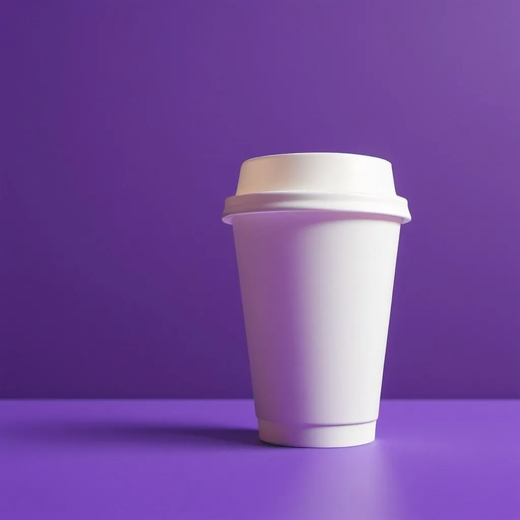 Prompt: An animated disposable cup leaning against the purple wall