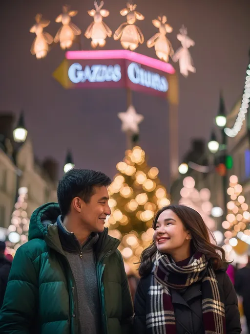 Prompt: Under the glow of festive lights, a joyful couple stands closely together in a bustling street adorned with vibrant decorations. The man, wearing a dark green puffer jacket, gazes playfully at the woman beside him, who is draped in a cozy black coat and a stylish checkered scarf. Behind them, a striking statue of a prominent figure illuminates the scene, accompanied by colorful lighting that creates a festive atmosphere. The lively street is teeming with people and shops, all captured in the intimate moment shared between the couple, radiating warmth and happiness amidst the nighttime backdrop.