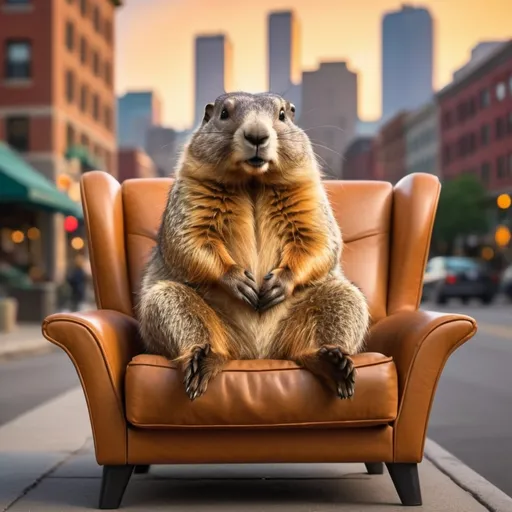 Prompt: Une marmotte assis sur une chaise longue en ville 