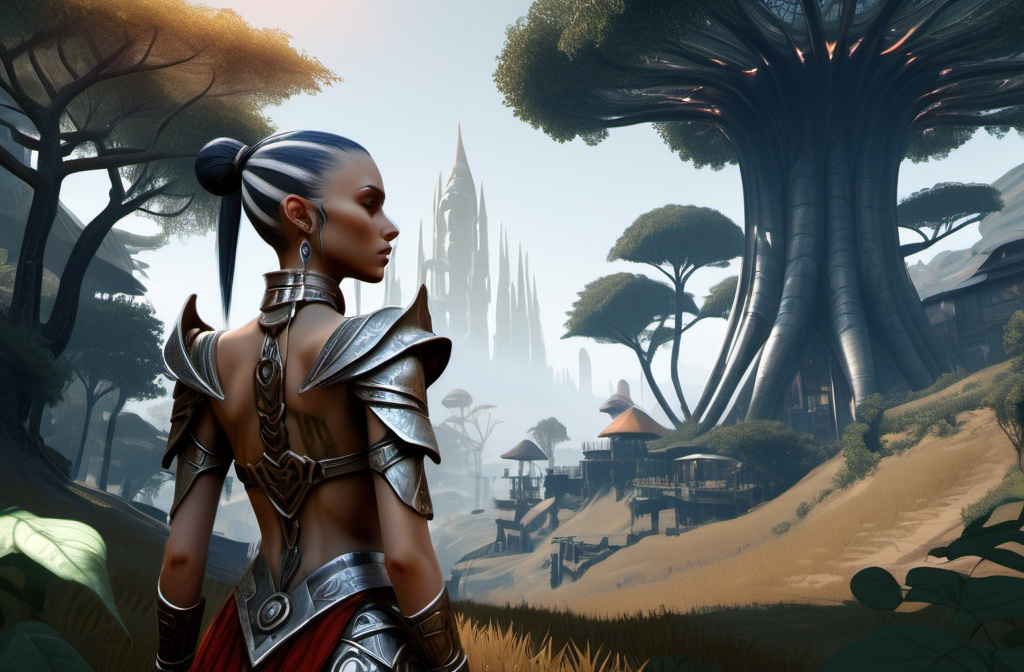 Prompt: Outward game style Ciradil Morrowind Vibes Cyberpunk Ultra wide 3440x1440 ultra HD Extreme Details 
Next to some lush trees and a beautiful white Leaved elf girl 