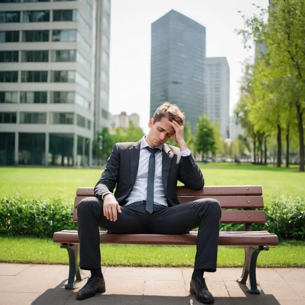 Prompt: Tired office worker younger
man sitting on a bench in a small park next to tall buildings