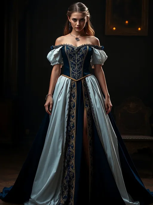 Prompt: (off the shoulder corseted floor-length medieval dress), deep dark blue and pristine white with shimmering gold accents, thigh-high slit, diamonds and amethysts intricately sewn into the bodice, richly designed fabric flowing gracefully, high-quality detail, dramatic yet elegant ambiance, ornate embellishments showcasing sophistication, (ultra-detailed) and (cinematic lighting) accentuating the opulence of the dress, captivating background enhancing the medieval theme.