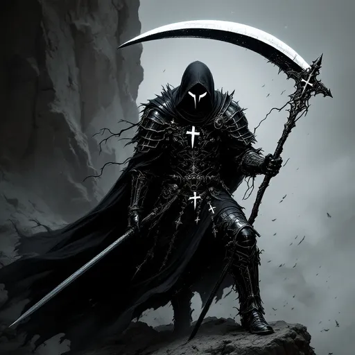 Prompt: A black knight with white cross insignias wielding a scythe