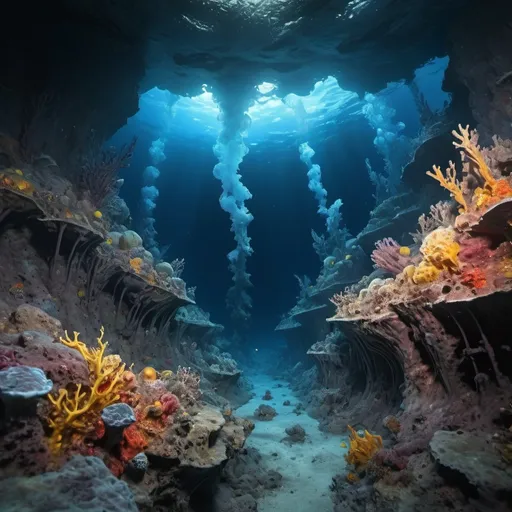 Prompt: Oceanic core complex in a back arc basin, arc nearby, underwater landscape, highres, detailed visualization, digital rendering, oceanic colors, deep-sea environment, geological formations, hydrothermal vents, vibrant marine life, underwater lighting, sci-fi, professional, atmospheric lighting