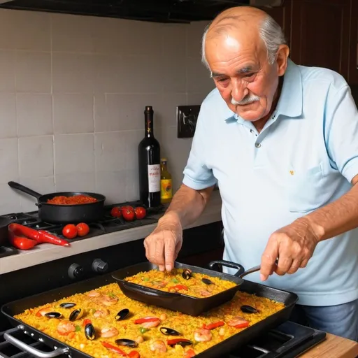 Prompt: Spanish grandpa make paella with rectangular pan