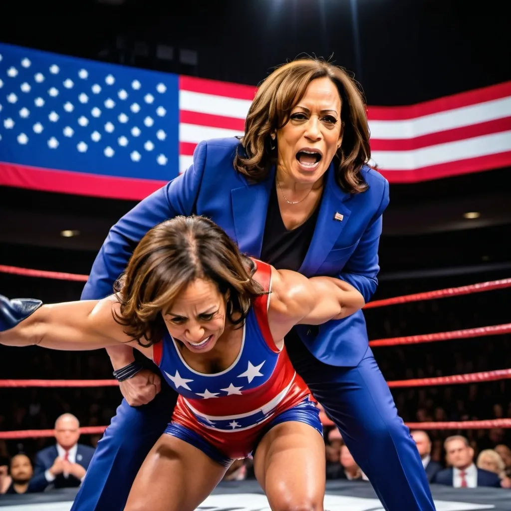 Prompt: (Kamala Harris victorious in wrestling match) against Donald Trump, (dynamic action scene), (intense matchup), bold colors, dramatic lighting, (emotionally charged atmosphere), audience cheering, (ring atmosphere with spotlight), muscles defined, expressions of determination and triumph, wild hair, Trump sweating, wearing signature suit, colorful wrestling ring, (high-quality), (ultra-detailed), engaging composition.