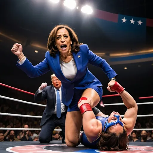 Prompt: (Kamala Harris victorious in wrestling match), (dynamic action scene), (intense matchup), bold colors, dramatic lighting, (emotionally charged atmosphere), audience cheering, (ring atmosphere with spotlight), muscles defined, expressions of determination and triumph, wild hair, Trump sweating, wearing signature suit, colorful wrestling ring, (high-quality), (ultra-detailed), engaging composition.