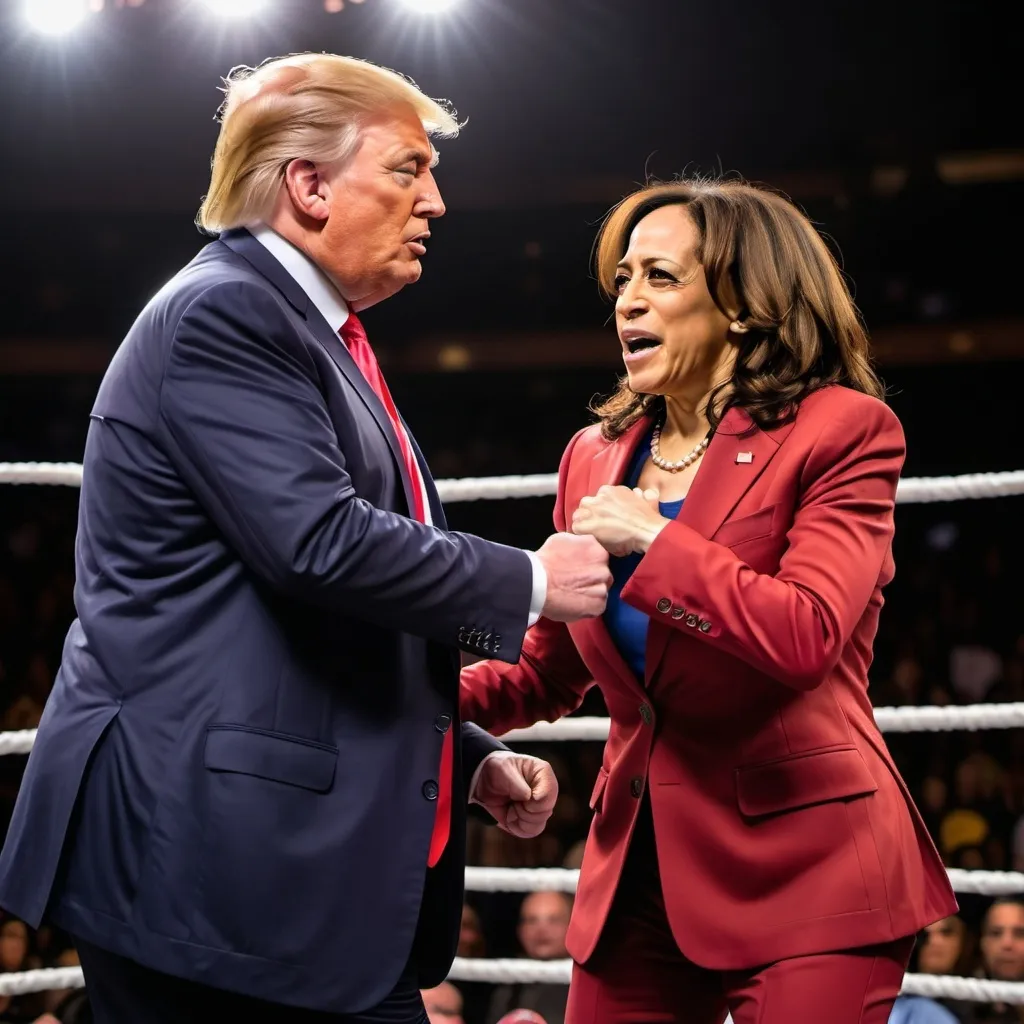 Prompt: (Kamala Harris victorious in wrestling match) against Donald Trump, (dynamic action scene), (intense matchup), bold colors, dramatic lighting, (emotionally charged atmosphere), audience cheering, (ring atmosphere with spotlight), muscles defined, expressions of determination and triumph, wild hair, Trump sweating, wearing signature suit, colorful wrestling ring, (high-quality), (ultra-detailed), engaging composition.