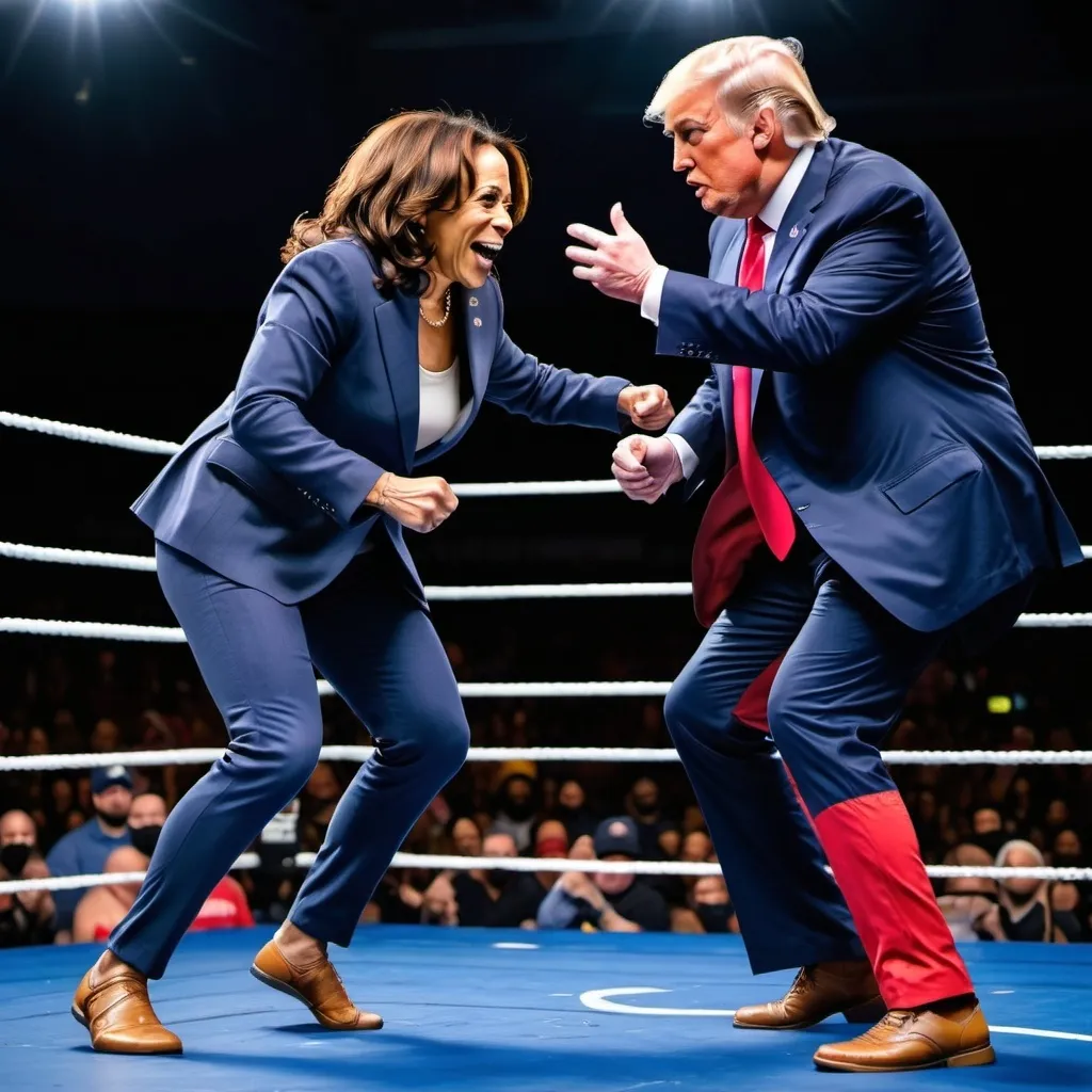 Prompt: (Kamala Harris victorious in wrestling match against Donald Trump), (dynamic action scene), (intense matchup), bold colors, dramatic lighting, (emotionally charged atmosphere), audience cheering, (ring atmosphere with spotlight), muscles defined, expressions of determination and triumph, wild hair, Trump sweating, wearing signature suit, colorful wrestling ring, (high-quality), (ultra-detailed), engaging composition.