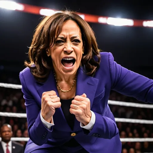 Prompt: (Kamala Harris victorious in wrestling match), (dynamic action scene), (intense matchup), bold colors, dramatic lighting, (emotionally charged atmosphere), audience cheering, (ring atmosphere with spotlight), muscles defined, expressions of determination and triumph, wild hair, Trump sweating, wearing signature suit, colorful wrestling ring, (high-quality), (ultra-detailed), engaging composition.