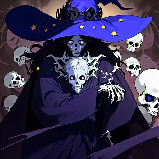 Prompt: Feminine anime boy in a dark blue robe, which is decorated with a star pattern, black disheveled hair down to the cheeks, black eyes without highlights, complete emptiness. a witch hat with a toothy mouth, also with star patterns. He summons an army of skeletons that appears behind him and runs into battle against the enemy while the boy shows them the way with his hand. The army is really huge and they are all fierce, some skeletons come to the fore.There is an aura of light haze around him. Stars at his robe sparkle a little bit. He's looks completely like a girl, but he's a boy. Big eyes, with emptyness.