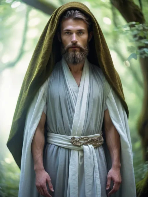 Prompt: Ethereal gis man in a mystical forest, soft focus, high quality, ethereal, fantasy, magical, detailed robe, mystical atmosphere, flowing beard, enchanting, surreal lighting