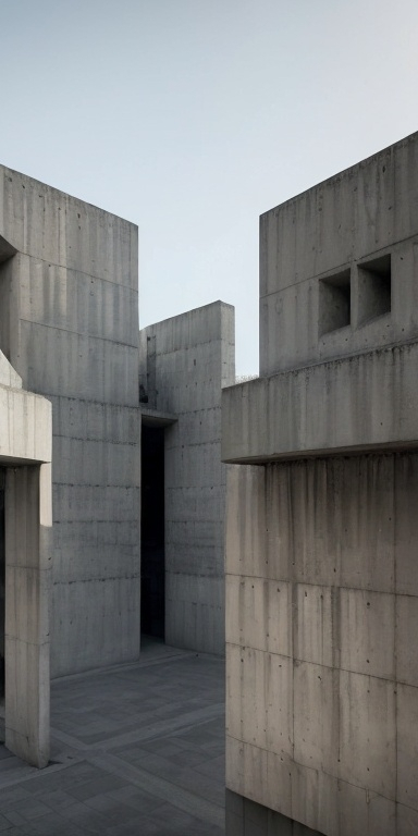 Prompt: From a human's POV, a close-up view of Nike Air Force sneakers placed in front of the imposing entrance of a brutalist museum. The image should capture the texture and details of the sneakers, contrasting with the stark, robust geometry of the concrete building. The lighting should reflect an urban, modern atmosphere, with shadows that evoke a sense of depth and epic realism in the scene.
