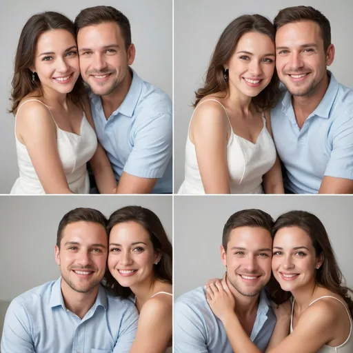 Prompt: Please, create one square picture. This one square picture must be divided into four equal square pictures: top left, top right, bottom left, and bottom right. All four pictures must contain a white background and a portrait of a white couple of a male and a female. On each of these four pictures the couple must take slightly different poses. On the top left picture the couple must sit shoulder to shoulder and smile into the camera, on the top right picture the same couple kisses, on the bottom right picture the same couple kisses slightly different, on the bottom left picture the couple smiles into the camera after kissing. The photo must remind of pictures taken in the photo studio by a professional photograph.