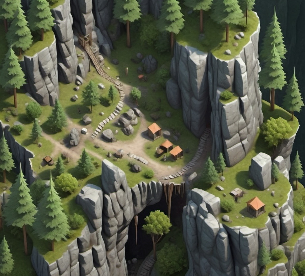 Prompt: isometric forest environment with cliffs