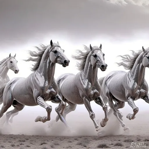 Prompt: Three magnificent Arabian horses in full stride, their muscles rippling beneath their shining coats. The horses are expertly captured in mid-gallop, their powerful hindquarters propelling them forward with incredible speed and agility. The camera focuses on the horses' faces, revealing their fierce expressions and flaring nostrils as they charge through the open landscape. The sky behind them is a breathtaking shade of blue, untouched by clouds, and serves as the perfect backdrop for their raw power and athleticism. Each horse bears distinct markings, adding to their individuality and nobility. The grass beneath their hooves is disturbed, their paths clearly visible in the greenery as they leave a trail of dust in their wake. The lighting is soft and diffused, casting a warm glow over the scene and accentuating the horses' muscular forms. This photograph captures the essence of the Arabian horse - strength, beauty, and freedom.