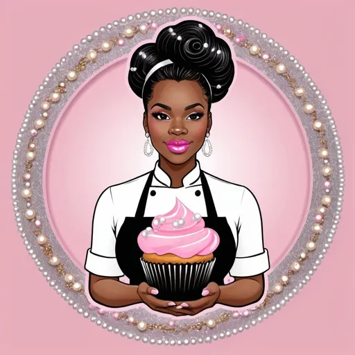 Prompt: An African American woman, pastry chef with cupcakes with pearls, pink, black, silver, and gold. Business Logo Glittery