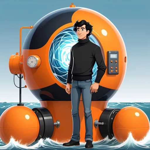 Prompt: Cartoon character, tall mechanical engineer, Man, black hair, black sweater and jean. He designed an ocean wave electrical energy generators, that has gearbox, and light. it is installed inside orange spherical buoy.