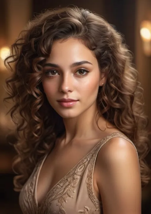 Prompt: Beautiful woman with brown eyes, realistic, flowing curly hair, elegant dress, high quality, realistic, warm tones, soft lighting, classic portrait, detailed facial features, professional artistry
