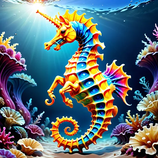 Prompt: "A mystic vivo giant vibrant colorful sea horse dancing 360- degree in the open blue ocean,high magically."