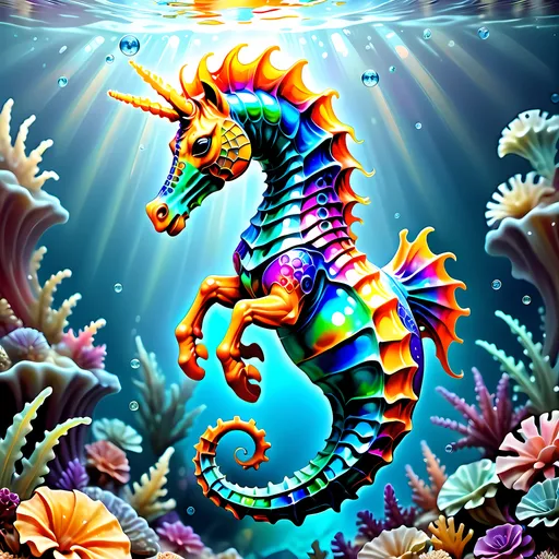 Prompt: "A mystic vivo giant vibrant colorful sea horse dancing 360- degree in the open blue ocean,high magically."