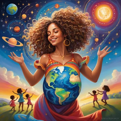 Prompt: Artistic dancing woman with curly hair, an open heart on her chest, and children from different  countries around her, with planet earth casting a gentle glow over her, set in a vivid landscape filled with musical notes and a vibrant, muralist-inspired sky  with stars and bright colors, planets, open sky, musical notes