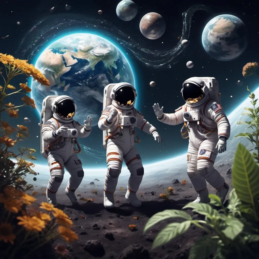 Prompt: Astronauts dancing in space with music, digital art, cosmic dust particles, music styles, planet earth, children around astronauts, music, reading, plants, futuristic, 