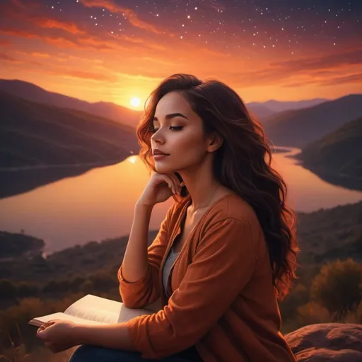 Prompt: Write I love the woman i am becoming, with a sunset, scenic landscape background, stars, vibrant colors, warm tones, realistic, high quality, atmospheric lighting, detailed hair, serene vibes, scenic beauty, sunset glow, professional, scenic landscape, atmospheric lighting, realistic style, vibrant colors, warm tones