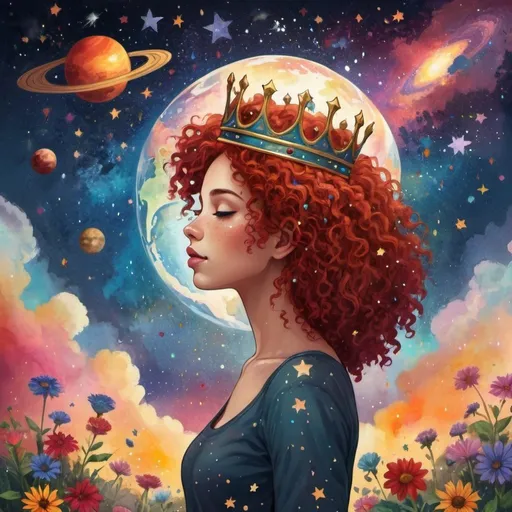 Prompt: The silhouette of a woman with red curly hair holding and wearing a crown with glitter looking up to the sky, set in a Galaxy and stars background, rain, and flowers around her. Filled with musical notes and a vibrant, muralist-inspired sky with a planet Earth background with children around them, with stars and bright colors, planets, open sky