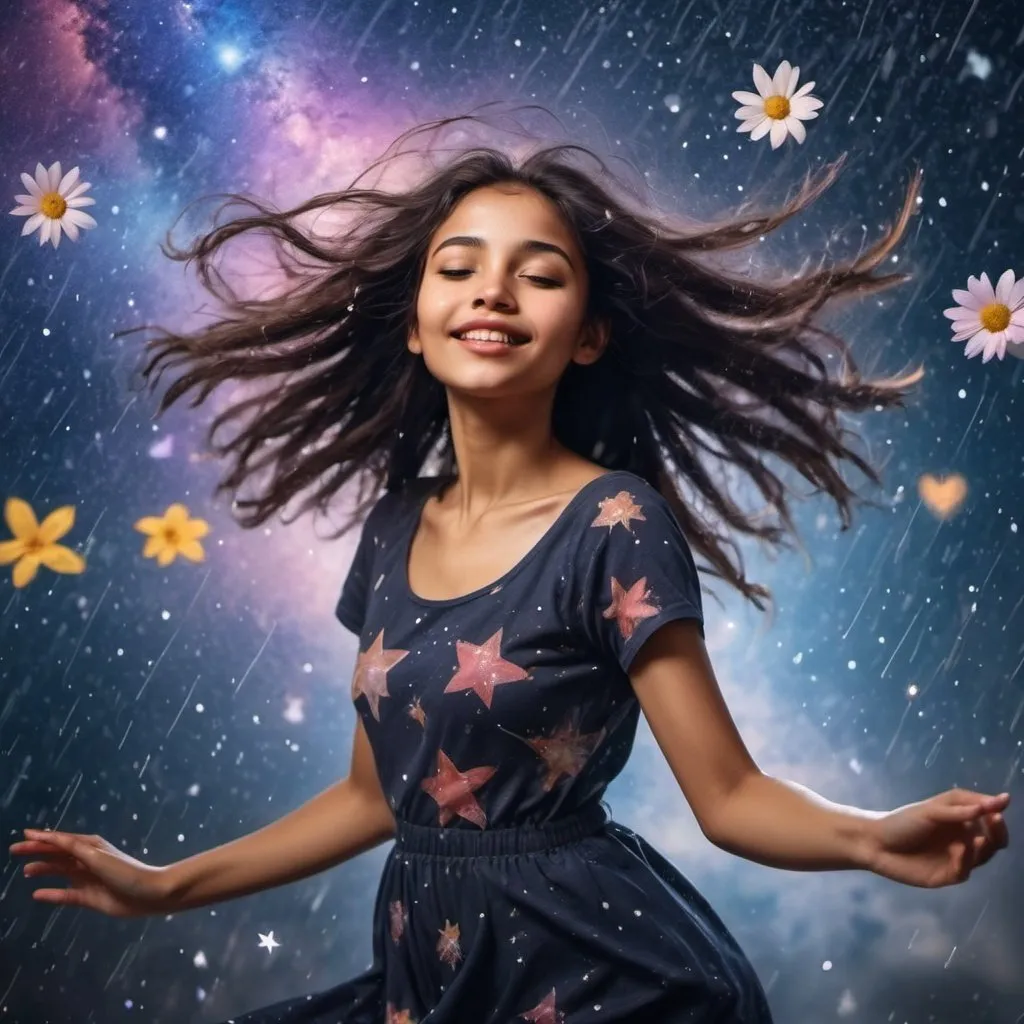 Prompt: Different ethnic girls dancing, she moves to the sky with stars and hearts, moving on her face. Galaxy and stars background, rain, flowers around her. 