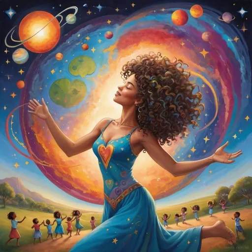 Prompt: Artistic dancing woman with curly hair, an open heart on her chest, and children from different  countries around her, with planet earth casting a gentle glow over her, set in a vivid landscape filled with musical notes and a vibrant, muralist-inspired sky  with stars and bright colors, planets, open sky, musical notes