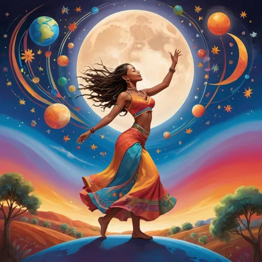Prompt: Artistic render of a moving, dancing woman ethnic, with an open heart, with the full moon casting a gentle glow over her, set in a vivid landscape filled with musical notes and a vibrant, muralist-inspired sky with planet Earth background with children around them, with stars and bright colors, planets, open sky