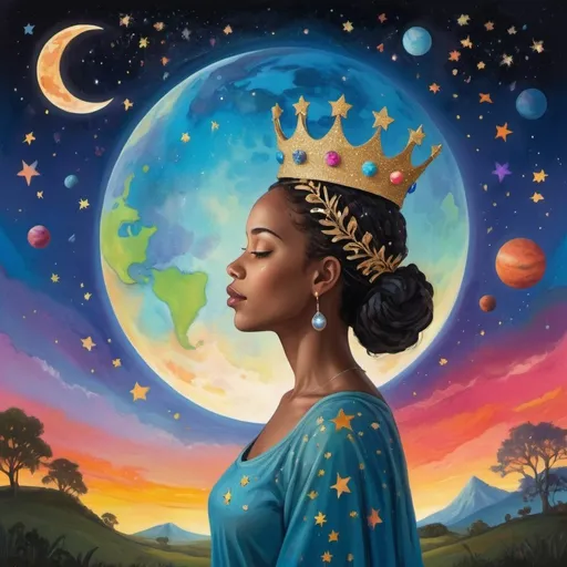 Prompt: Siloutte of a light-skinned woman wearing a crown with glitter with the full moon casting a gentle glow over her, set in a vivid landscape filled with musical notes and a vibrant, muralist-inspired sky with planet Earth background with children around them, with stars and bright colors, planets, open sky, and planet earth with children on her side profile