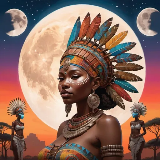 Prompt: Artistic render of a serene African and other women ethnics wearing a complex headdress, with the full moon casting a gentle glow over her, set in a vivid landscape filled with totems, masks, and a vibrant, muralist-inspired sky.