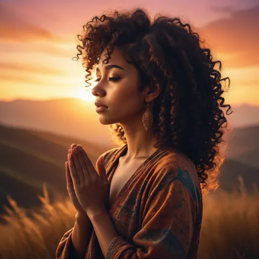 Prompt: Curly hair woman with ethnic face features in a silhouette shape praying at sunset, scenic landscape, stars, vibrant colors, warm tones, realistic, high quality, atmospheric lighting, detailed hair, serene vibes, scenic beauty, sunset glow, professional, scenic landscape, atmospheric lighting, realistic style, vibrant colors, warm tones