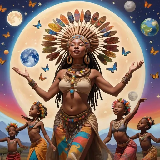 Prompt: Artistic render of a moving dancing, light-skinned African and other women ethnics wearing a complex headdress, with the full moon casting a gentle glow over her, set in a vivid landscape filled with music totems butterflies, and a vibrant, muralist-inspired sky with planet Earth with children around them, with stars and bright colors, planets.