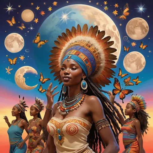 Prompt: Artistic render of a moving dancing, light-skinned African and other women ethnics wearing a complex headdress, with the full moon casting a gentle glow over her, set in a vivid landscape filled with music totems butterflies, and a vibrant, muralist-inspired sky with planet Earth with children around them, with stars and bright colors, planets.