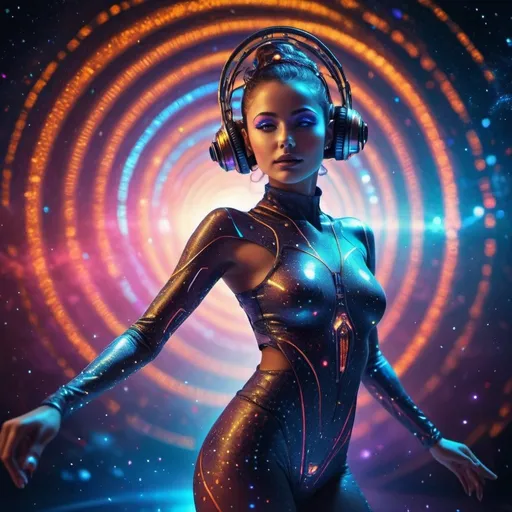 Prompt: Futuristic woman in technology dancing in space, cosmic dust particles, digital art, mystical, moving stars around the eyes, high-tech futuristic setting, vivid cosmic colors, detailed futuristic costume, professional digital art, vibrant and immersive lighting, high quality, mystical dance, digital, cosmic, space, technology, moving stars, futuristic, vivid colors, detailed costume, professional, vibrant lighting