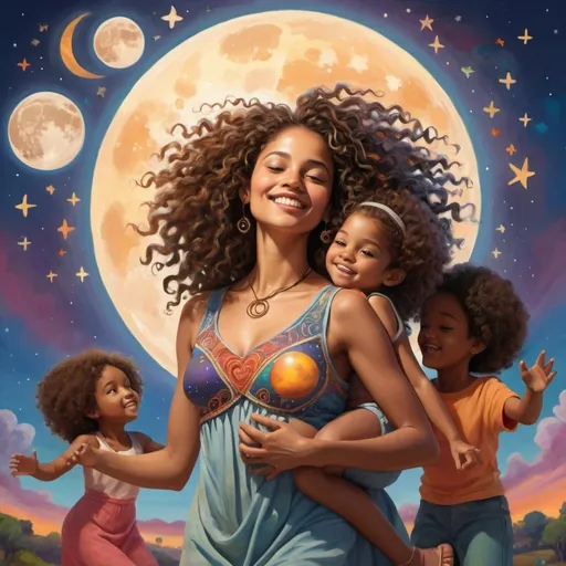 Prompt: Artistic render of a moving, dancing woman with curly hair, an open heart on her chest and children from different ethnicities around her, with the full moon casting a gentle glow over her, set in a vivid landscape filled with musical notes and a vibrant, muralist-inspired sky with planet Earth background with children around them, with stars and bright colors, planets, open sky